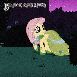 Size: 720x720 | Tagged: safe, artist:kawshee, imported from derpibooru, fluttershy, pegasus, pony, album cover, black sabbath, canterlot gardens, clothes, dress, female, gala dress, grainy, heavy metal, mare, metal, paranoid, parody, ponified, ponified album cover