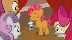 Size: 500x281 | Tagged: safe, edit, edited screencap, imported from derpibooru, screencap, apple bloom, babs seed, scootaloo, sweetie belle, one bad apple, animated, caption, drinking, exploitable meme, female, meme, soda, soda meme, straw