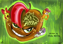 Size: 3508x2480 | Tagged: safe, artist:jowyb, artist:jowybean, imported from derpibooru, apple bloom, babs seed, scootaloo, sweetie belle, one bad apple, apple, cutie mark crusaders, nauseous, pun, rotten apple, title card