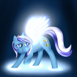 Size: 1500x1500 | Tagged: safe, artist:srk-ares, imported from derpibooru, minuette, alicorn, pony, unicorn, artificial wings, augmented, female, light wings, looking back, magic, magic wings, mare, solo, wings