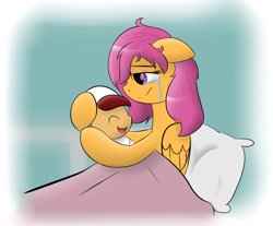 Size: 1252x1035 | Tagged: safe, artist:tails-doll-lover, imported from derpibooru, scootaloo, oc, oc:lightning blitz, pony, ask pregnant scootaloo, baby, baby pony, colt, crying, female, foal, holding a pony, male, mother and son, newborn, offspring, parent:rain catcher, parent:scootaloo, parents:catcherloo, pregnant scootaloo, tears of joy