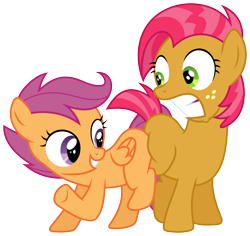 Size: 9091x8590 | Tagged: safe, artist:floppychiptunes, imported from derpibooru, babs seed, scootaloo, earth pony, pegasus, pony, one bad apple, absurd resolution, babscoot, blank flank, butt bump, butt to butt, butt touch, female, filly, simple background, transparent background, vector