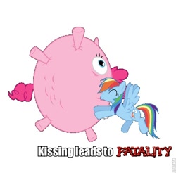 Size: 610x600 | Tagged: safe, imported from derpibooru, pinkie pie, rainbow dash, balloon, fatality, female, image macro, imminent death, imminent popping, inflation, kiss inflation, kissing, lesbian, lordryu fat edit, mortal kombat, pinkiedash, shipping, text