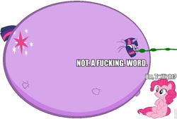 Size: 893x600 | Tagged: safe, imported from derpibooru, pinkie pie, twilight sparkle, balloon, hose, hose bulges, image macro, inflation, lordryu fat edit, text, vulgar, weight gain