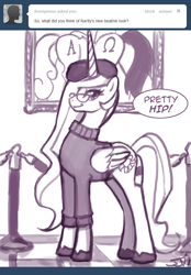 Size: 650x933 | Tagged: safe, artist:johnjoseco, imported from derpibooru, princess celestia, alicorn, pony, ask princess molestia, princess molestia, ask, beatnik, butt, clothes, comic, glasses, hat, painting, plot, sweater, tumblr