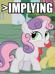 Size: 462x616 | Tagged: safe, edit, edited screencap, imported from derpibooru, screencap, sweetie belle, the cutie pox, caption, cropped, implying, solo focus