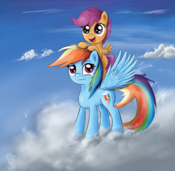 Size: 1393x1362 | Tagged: safe, artist:ohthatandy, imported from derpibooru, rainbow dash, scootaloo, pegasus, pony, bipedal, bipedal leaning, blank flank, cloud, cloudy, female, filly, foal, happy, leaning, mare, on a cloud, open mouth, ponies riding ponies, riding, scootaloo riding rainbow dash, scootalove, sky, spread wings, wings