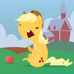 Size: 900x900 | Tagged: safe, artist:professor-ponyarity, imported from derpibooru, applejack, apple, barn, beady eyes, frown, grass, obligatory apple, open mouth