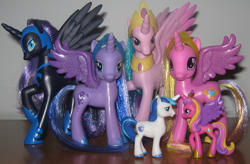 Size: 640x420 | Tagged: safe, artist:dinobutts, imported from derpibooru, nightmare moon, princess cadance, princess celestia, princess luna, shining armor, pony, brushable, irl, official, photo, styled hair, toy