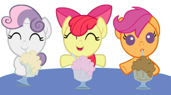 Size: 4000x2240 | Tagged: safe, artist:beavernator, imported from derpibooru, apple bloom, scootaloo, sweetie belle, pony, one bad apple, season 3, ^^, adorabloom, babs seed song, baby, baby apple bloom, baby belle, baby pony, baby scootaloo, cute, cutealoo, cutie mark crusaders, diasweetes, eyes closed, foal, milkshake