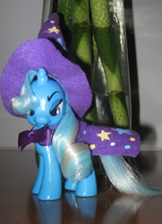 Size: 420x580 | Tagged: safe, artist:dinobutts, imported from derpibooru, trixie, pony, bowtie, brushable, cape, clothes, custom, customized toy, hat, irl, photo, solo, toy, trixie's cape, trixie's hat