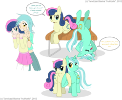 Size: 1280x1056 | Tagged: safe, artist:inuhoshi-to-darkpen, imported from derpibooru, bon bon, lyra heartstrings, sweetie drops, human, adorabon, bench, cute, dialogue, female, holding hooves, humanized, lesbian, lyrabetes, lyrabon, shipping, signature, simple background, sitting, upside down, white background