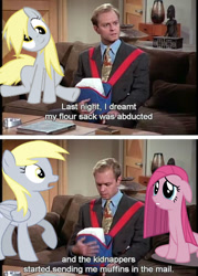 Size: 499x696 | Tagged: safe, edit, imported from derpibooru, derpy hooves, pinkie pie, human, comic, crossover, frasier, irl, irl human, muffin, niles crane, photo, pinkamena diane pie