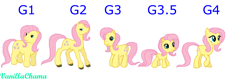 Size: 2396x768 | Tagged: safe, artist:colossalstinker, artist:mappymaples, artist:vanillachama, imported from derpibooru, fluttershy, posey, comparison, g1, g1 to g4, g2, g3, g3.5, g4, g4 to g1, g4 to g2, g4 to g3, g4 to g3.5, generation leap, wingless