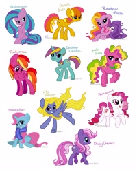 Size: 1000x1249 | Tagged: safe, artist:seagerdy, imported from derpibooru, bumblesweet, daisy dreams, feathermay, flitterheart, honeybuzz, lily blossom, lulu luck, plumsweet, rainbow flash, snowcatcher, earth pony, pegasus, pony, unicorn, alternate hairstyle, blushing, bowtie, clothes, cupcake, cute, ear piercing, female, hasbro oc, looking at you, looking back, looking down, looking forward, lying down, mare, piercing, scarf, sitting, smiling, tongue out, wide smile