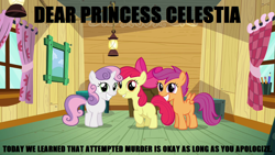 Size: 1280x720 | Tagged: safe, edit, edited screencap, imported from derpibooru, screencap, apple bloom, scootaloo, sweetie belle, caption, clubhouse, crusaders clubhouse, cutie mark crusaders, image macro, meme