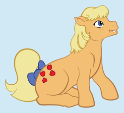 Size: 500x456 | Tagged: safe, artist:corsairoriginal, imported from derpibooru, applejack (g1), pony, female, g1, silly, silly pony, simple background, sitting, solo