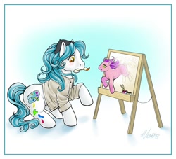 Size: 750x682 | Tagged: safe, artist:penanggalan, imported from derpibooru, oc, oc only, earth pony, pony, birth, clothes, creation, drawn into existence, duo, easel, mouth hold, paint, paint on fur, paintbrush, painting