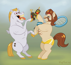 Size: 702x644 | Tagged: safe, artist:spookaboo, imported from derpibooru, ace, ace point, bulk biceps, roid rage, earth pony, pegasus, duo, energy drink, facial hair, male, manly, moustache, stallion, tennis racket