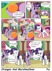 Size: 1200x1650 | Tagged: safe, artist:multitazker, artist:tikyotheenigma, imported from derpibooru, derpy hooves, rarity, spike, twilight sparkle, pegasus, pony, bump, comic, dialogue, female, food, magic, mare, marshmallow, orange, orangified, rarity is a marshmallow, spell, tongue out