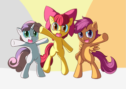 Size: 849x600 | Tagged: safe, artist:nac0n, imported from derpibooru, apple bloom, scootaloo, sweetie belle, pony, bipedal, cutie mark crusaders