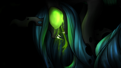 Size: 1200x675 | Tagged: safe, artist:kairaanix, imported from derpibooru, queen chrysalis, changeling, changeling queen, fangs, female, glowing eyes, solo, tongue out