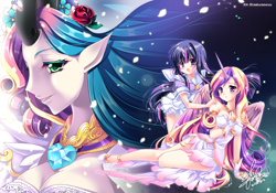 Size: 1392x973 | Tagged: safe, artist:sakuranoruu, imported from derpibooru, princess cadance, queen chrysalis, twilight sparkle, human, a canterlot wedding, anime, clothes, horn, horned humanization, humanized, this day aria, winged humanization