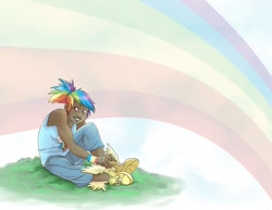 Size: 942x728 | Tagged: safe, artist:pugletz, imported from derpibooru, rainbow dash, human, converse, dressing, female, humanized, solo, winged shoes