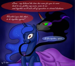 Size: 900x794 | Tagged: safe, artist:mr-samson, imported from derpibooru, king sombra, princess luna, alicorn, umbrum, bed, blanket, female, hypnosis, lumbra, male, mare, red eyes, shipping