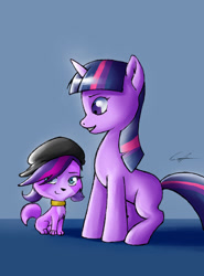 Size: 1024x1383 | Tagged: dead source, safe, artist:gab-stuff, imported from derpibooru, twilight sparkle, dog, pony, unicorn, beret, crossover, duo, duo female, female, hat, littlest pet shop, mare, signature, twilight barkle, unicorn twilight, zoe trent