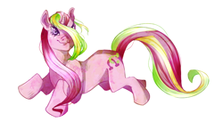 Size: 772x423 | Tagged: safe, artist:flikkerlicht, imported from derpibooru, lulu luck, pony, female, looking at you, lying down, simple background, smiling, solo, white background