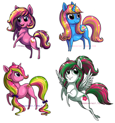 Size: 1458x1556 | Tagged: safe, artist:love-like-nicole, imported from derpibooru, blossomforth, cupcake (g4), dewdrop dazzle, lulu luck, sugarcup, alternate hairstyle, bow, hair bow, looking back, open mouth, ponytail, raised hoof, simple background, smiling, standing on two hooves, tail, tail bow, white background