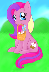 Size: 695x1023 | Tagged: safe, artist:sparkle-puff, imported from derpibooru, cupcake (g4), sugarcup, pony, cupcake, food, mouth hold, needs more saturation, outdoors, sitting, solo