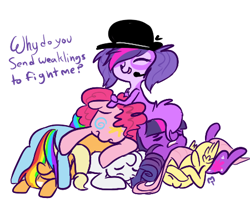 Size: 450x374 | Tagged: safe, artist:mt, imported from derpibooru, applejack, fluttershy, pinkie pie, rainbow dash, rarity, twilight sparkle, pegasus, pony, crossover, headset, littlest pet shop, mane six, pile, pony pile, twilight barkle, zoe trent