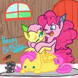 Size: 450x450 | Tagged: safe, artist:mt, imported from derpibooru, fluttershy, pinkie pie, oc, oc:minituffs, birthday, cake, eating, female, flutterpie, lesbian, micro, minituffs, party, shipping