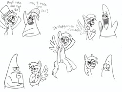 Size: 2203x1664 | Tagged: dead source, safe, artist:thecheeseburger, imported from derpibooru, derpy hooves, pegasus, pony, band geeks, crossover, dialogue, female, free form jazz, grandma's kisses, mare, monochrome, patrick star, sketch, spongebob squarepants, squilliam returns, traditional art