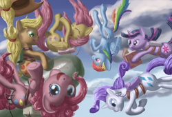 Size: 2643x1800 | Tagged: safe, artist:morevespenegas, imported from derpibooru, applejack, fluttershy, pinkie pie, rainbow dash, rarity, twilight sparkle, mane six, skydiving