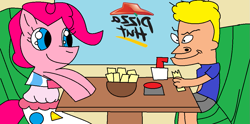 Size: 1079x537 | Tagged: safe, artist:drpokeponydork, imported from derpibooru, pinkie pie, beavis, beavis and butthead, cheese sticks, female, male, pizza hut, shipping, straight