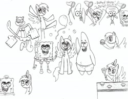 Size: 2198x1706 | Tagged: safe, artist:thecheeseburger, imported from derpibooru, derpy hooves, pegasus, pony, crossover, dialogue, female, jellyfishing, karate, mare, monochrome, patrick star, sandy cheeks, sketch, spongebob squarepants, squidward tentacles, traditional art