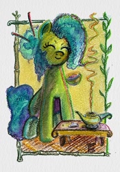 Size: 455x650 | Tagged: safe, artist:maytee, imported from derpibooru, tealove, earth pony, pony, cup, eyes closed, food, japan, solo, tea, teacup, teapot, traditional art