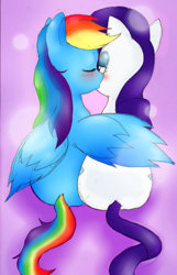 Size: 1286x2002 | Tagged: safe, artist:blackbewhite2k7, artist:pockystix, imported from derpibooru, rainbow dash, rarity, pegasus, pony, unicorn, cheek kiss, duo, female, kissing, lesbian, mare, raridash, shipping, winghug