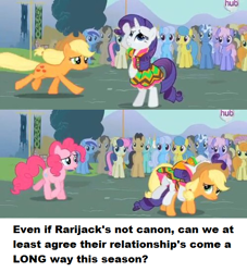 Size: 500x551 | Tagged: safe, edit, edited screencap, imported from derpibooru, screencap, amethyst star, applejack, bon bon, candy mane, carrot top, cherry cola, cherry fizzy, coco crusoe, doctor whooves, golden harvest, lemon hearts, linky, lyra heartstrings, minuette, pinkie pie, pokey pierce, rainbowshine, rarity, shoeshine, sparkler, sweetie drops, time turner, pony, magic duel, friendshipping, hub logo, image macro, meme, shipping fuel