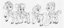 Size: 1000x447 | Tagged: safe, artist:xenon, imported from derpibooru, apple bloom, babs seed, scootaloo, sweetie belle, cutie mark crusaders, monochrome, sketch, unshorn fetlocks