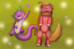 Size: 1280x853 | Tagged: safe, artist:furfit, imported from derpibooru, big macintosh, spike, earth pony, pony, male, stallion, sunset