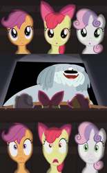 Size: 800x1290 | Tagged: safe, imported from derpibooru, apple bloom, scootaloo, sweetie belle, pony, exploitable meme, foal, meme, niblet, pound puppies, secret butt fun, theater meme