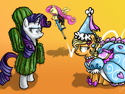 Size: 1024x768 | Tagged: dead source, safe, artist:myminiatureequine, imported from derpibooru, applejack, fluttershy, rarity, look before you sleep, cactus, cactus costume, clothes, context is for the weak, costume, dress, froufrou glittery lacy outfit, hennin, pogo stick, princess, princess applejack, trio