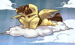 Size: 1000x600 | Tagged: safe, artist:atryl, imported from derpibooru, wild fire, pegasus, pony, bored, cloud, cloudy, female, mare, on a cloud, solo, unamused, wild fire is not amused