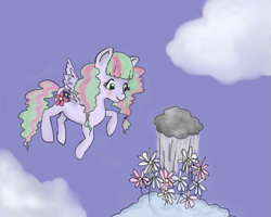 Size: 555x444 | Tagged: safe, artist:maddu-chan, imported from derpibooru, blossomforth, pony, alternate hairstyle, cloud, cloudy, female, flower, rain, solo