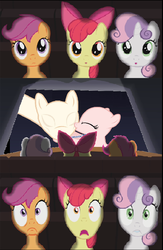 Size: 645x987 | Tagged: safe, imported from derpibooru, apple bloom, scootaloo, sweetie belle, exploitable meme, kissing, meme, slendermane, slenderpony, sweetie bald, theater meme