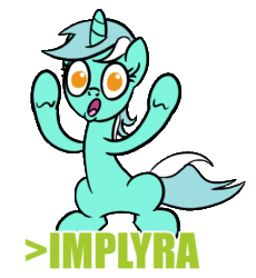 Size: 850x924 | Tagged: safe, artist:derkrazykraut, imported from derpibooru, lyra heartstrings, pony, unicorn, >implying, air quotes, animated, female, greentext, implying, implyra, mare, simple background, solo, text, transparent background